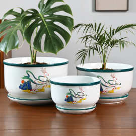 国朝风陶瓷花盆大口径高端盆栽家用发财树蝴蝶兰特大号特价盆批发