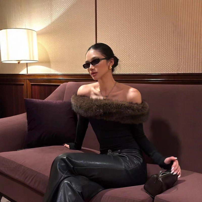 Rovente Fragrant Shoulder Rebellious Black Fur Collar One-Shoulder T-Shirt Long-Sleeved Slim Off-Shoulder Tube Top Sexy Top