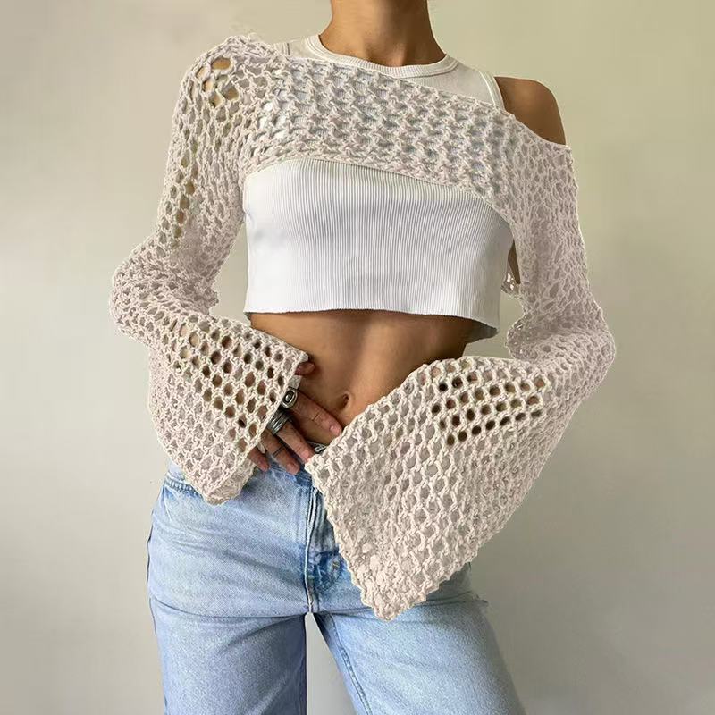 Maoning Spring New Amazon Casual Casual European and American Cross-Border Women's Clothing Short Hollow Knitted Sweater Blouse