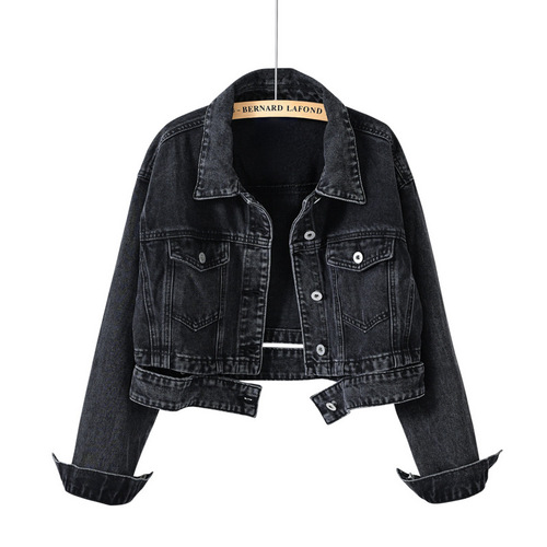 Trendy Hong Kong Style Street Denim Jacket Women's Spring and Autumn New Retro Black High Waist Chic Denim Short Jacket Top