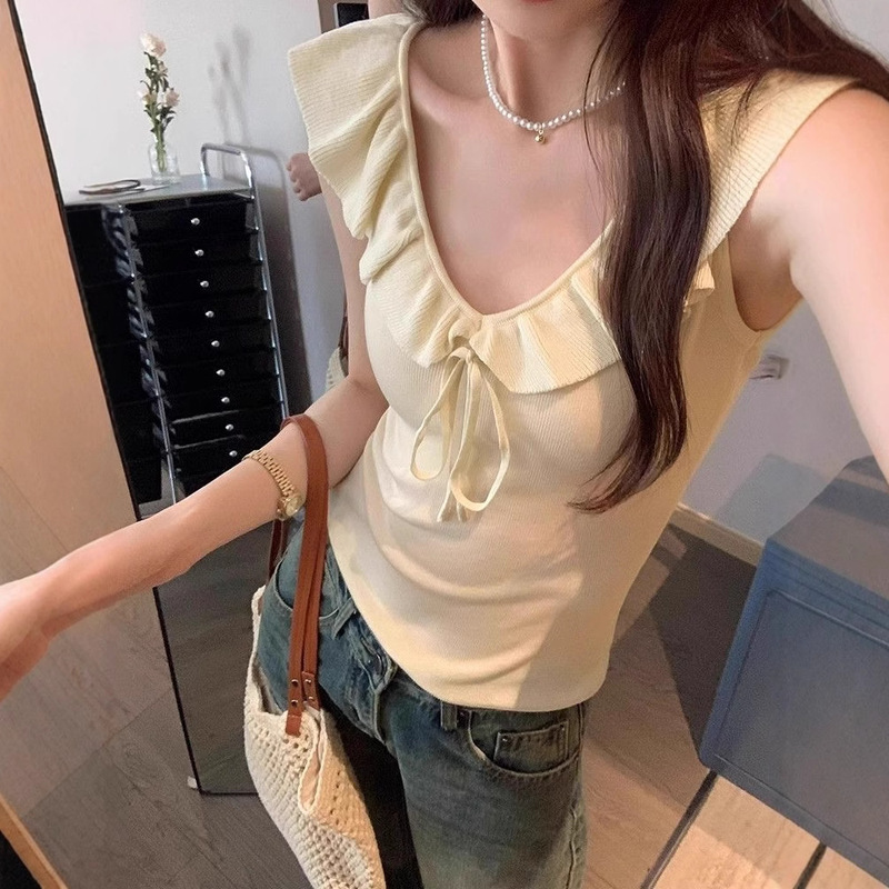 French-style Ruffled Sleeveless Sweater Women's Summer Slim-fit Slimming Bow Lace-up T-shirt Vest Sleeveless Top