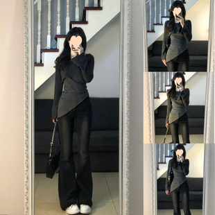 Design-Sense Stacked Fake Two-Piece Long-Sleeved Base Shirt High-Style All-Match Slim-Fit Slimming Jeans Two-Piece Suit for Women