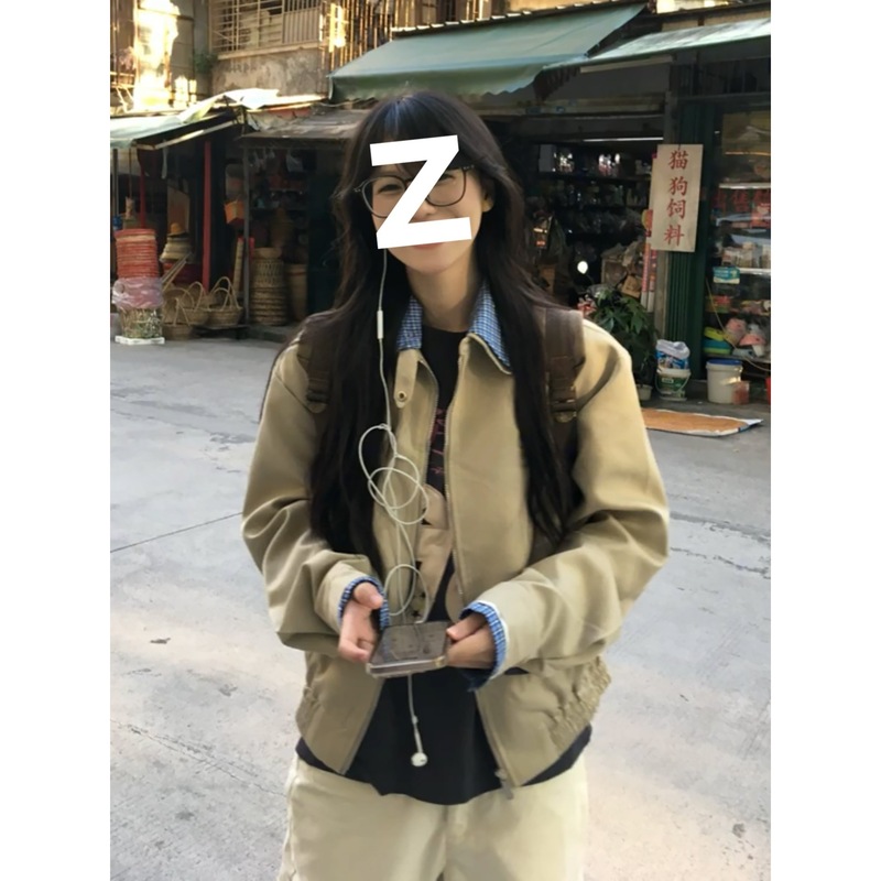 格子拼接翻领外套女春秋2025新款宽松休闲短款男女款工装夹克上衣|undefined