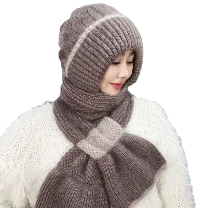 帽子とスカーフが一体化した女性の新しい秋冬ニット防風帽子、暖かいプラスベルベットママファッション耳保護ウール帽子|undefined