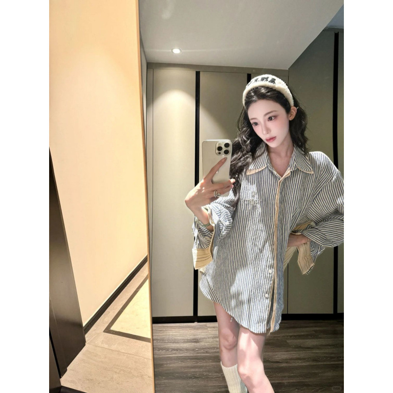 两件套装新款秋季条纹美式衬衫宽松衬衣复古短裤子休闲甜美辣妹潮|undefined