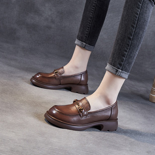 French Retro Leather Shoes Women's Spring and Autumn 2023 New Genuine Leather All-match Loafers British-style Round Toe Single-layer Shoes