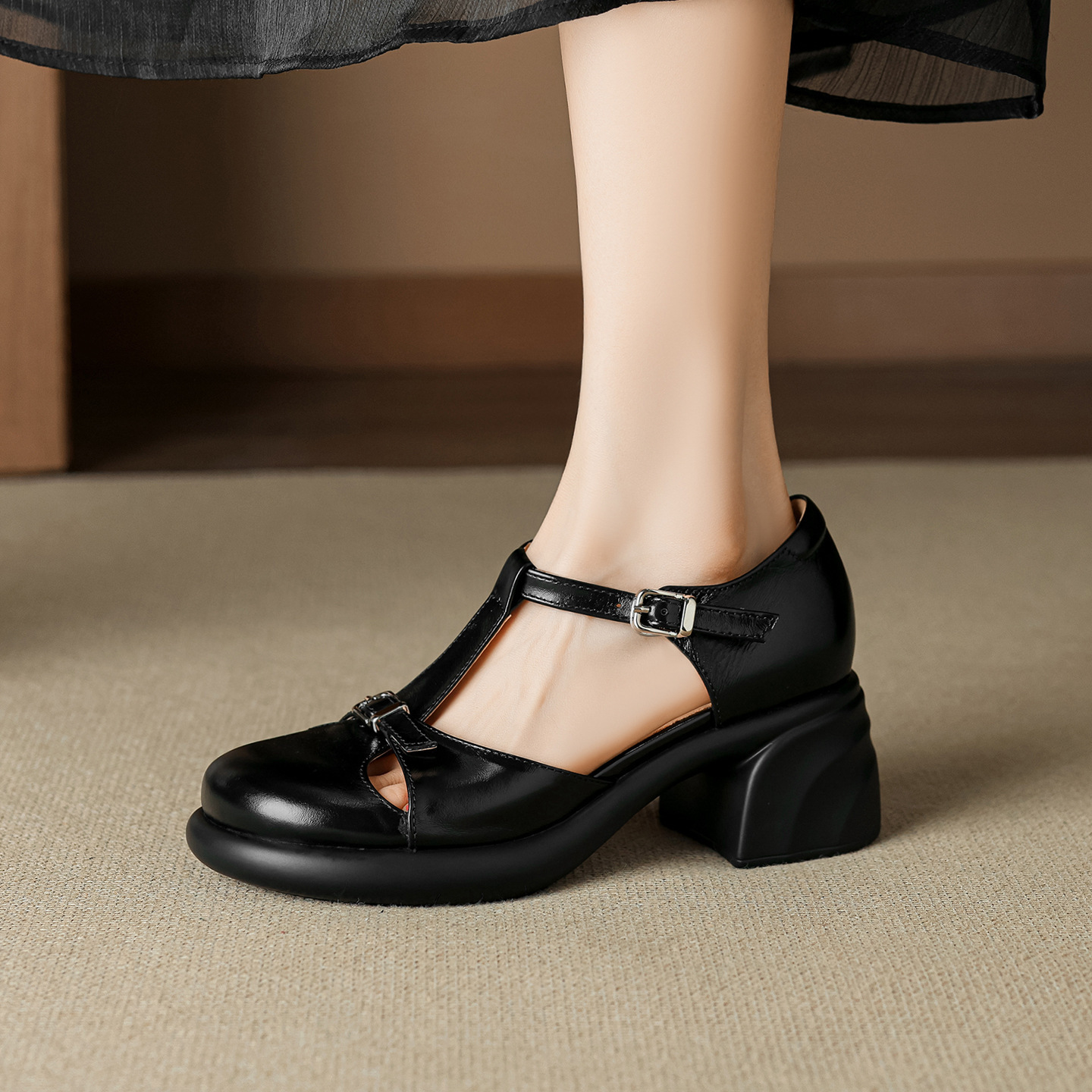 Sandal cao gót nữ mũi nhọn bít đế dày gót 6 cm phong cách đơn giản — đen