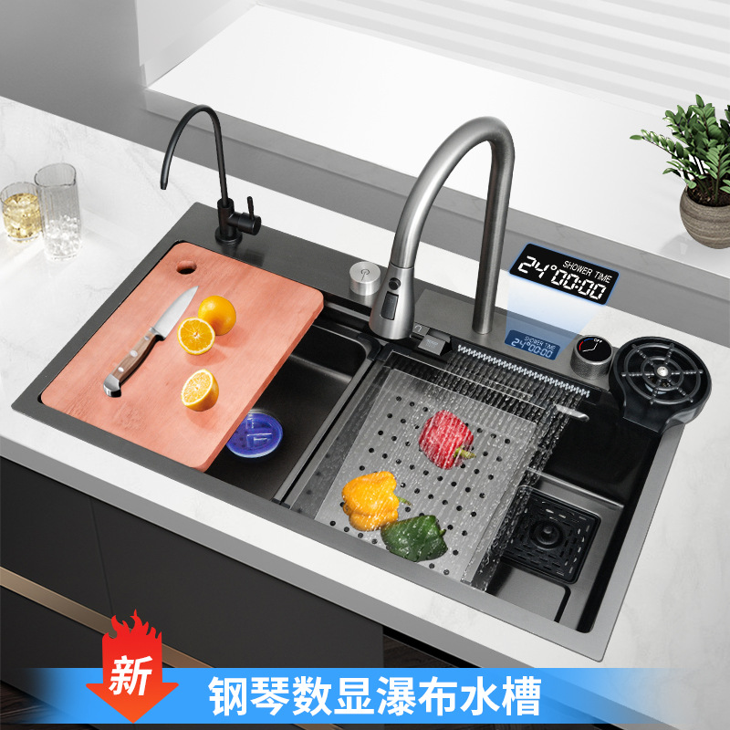 JOMMWW fregadero de cocina gran tanque de una sola pantalla de agua de lluvia voladora fregadero casera de acero inoxidable lavavajillas lavavajillas