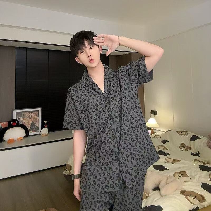 Popular Cartoon Summer Men's Cloud Cotton Pajamas, Short-Sleeved Cardigan with Buttons, Thin Style, Can Be Worn Outside, Home Wear Two-Piece Set