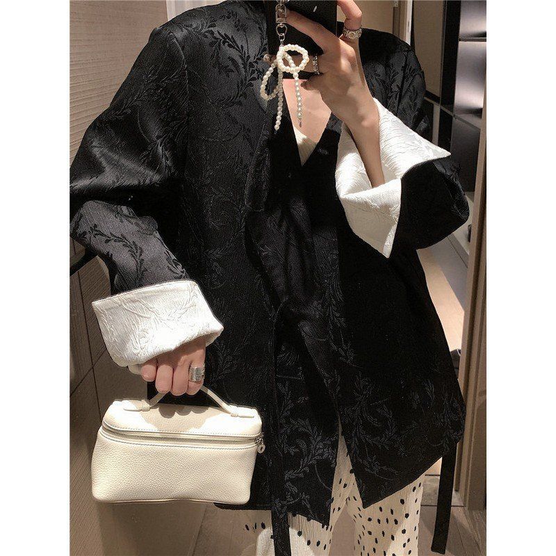Shanli Dadi New Chinese Style Satin Jacquard Tie Suit Jacket for Women with High-End Contrast Color Turn-Down Collar V-Neck