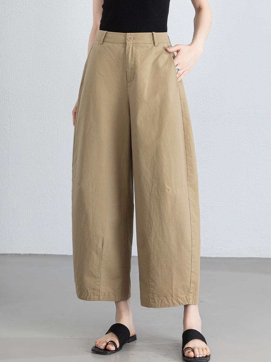 Quần culottes nữ ống rộng cạp cao vải lanh phối cotton, dáng bong bóng thoáng mát — màu kaki