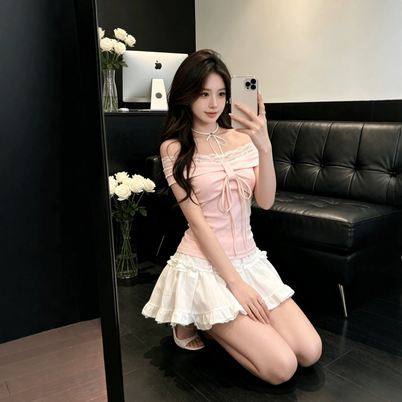 French-Style Lace Off-Shoulder Tie-Up T-Shirt, Summer Pink Slim-Fit Off-Shoulder Short-Sleeve Top, Pure Desire Style, Nightclub Queen French-Style Lace Off-Shoulder Tie-Up T-Shirt, Summer Pink Slim-Fit Off-Shoulder Short-Sleeve Top, Pure Desire Style, Nightclub Queen