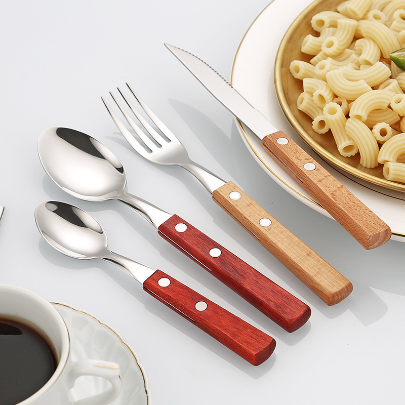 実木304ステンレスナイフフォークスプーン日本式明るい西洋食器花梨木柄ステーキナイフフォークスプーン4点セット|undefined