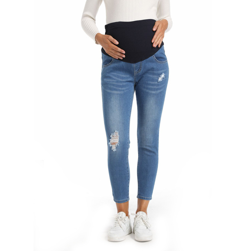 Best-Selling Light Blue Ripped Maternity Jeans in Europe and America, Slim Fit, Belly-Supporting Long Pants, Exclusively for Cross-Border Sales, Customizable