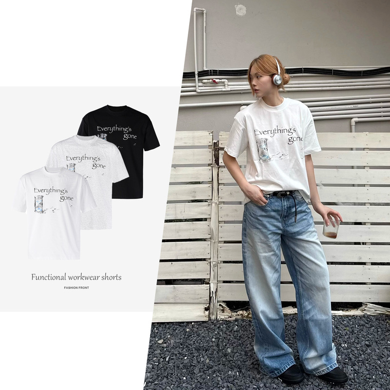 【Csmy】Everything's Gone」Slogan Time Lapse Hourglass Print Sorona Short-Sleeved T-Shirt