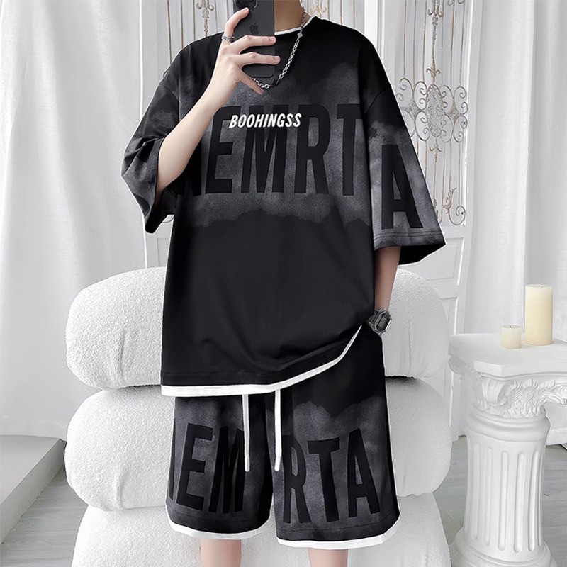High-End Ice Silk Casual Sports Men's Suit 2025 New Summer Short-Sleeved T-Shirt Men's Cool and Handsome Wear with a Set