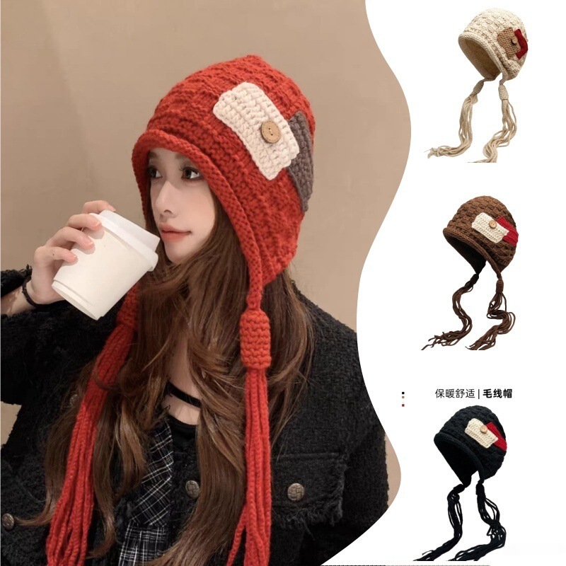 New Fashionable Patchwork Tassel Knitted Hat for Women, Autumn and Winter Warm Wool Hat, Christmas Little Red Riding Hood, Korean Version, Makes the Face Look Smaller
