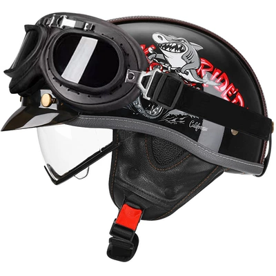 Motosiklet kaskı (dəbilqə) – 3C Certified Retro Motorcycle Helmet Leather - bright-black-shark-bully-transparent-black-frame-mirror-m
