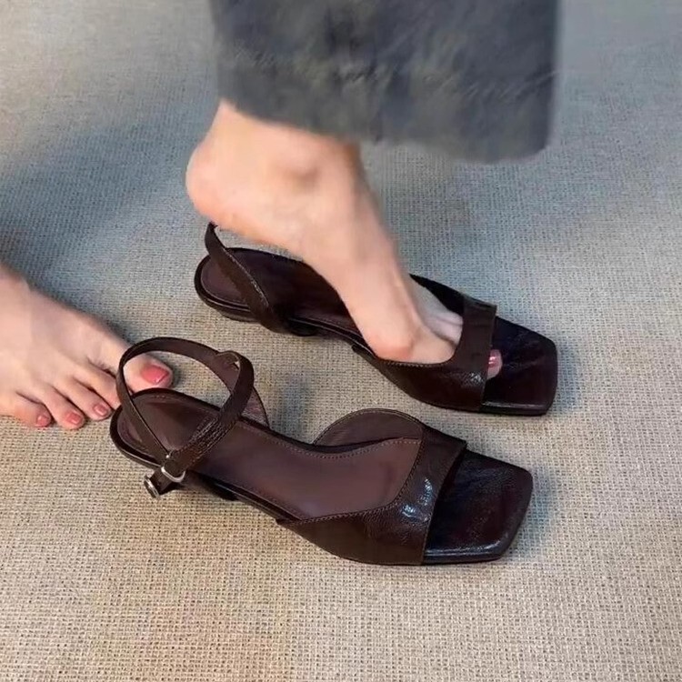 Soft Leather Version ~ French Retro Simple Soft Leather Buckle Sandals for Women New Versatile Low Heel Cut Out Roman Shoes