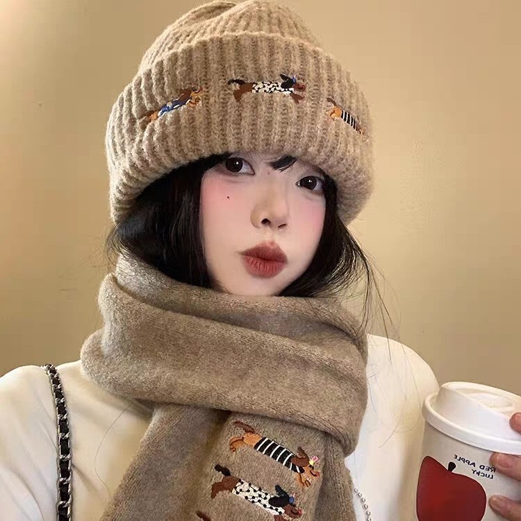 刺绣帽子围巾套装氛围感毛线柔软围脖情侣学生可爱小狗加厚针织帽|undefined