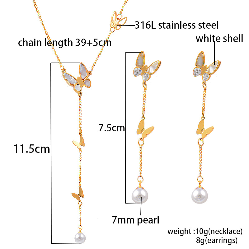 Fashion Butterfly Titanium Steel Inlay Shell Pendant Necklace 1 Piece 1 Pair