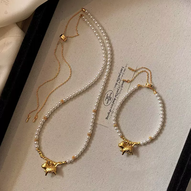 古法沙金俏皮猫新中式吊坠珍珠项链女轻奢高级感小众精致手串手饰