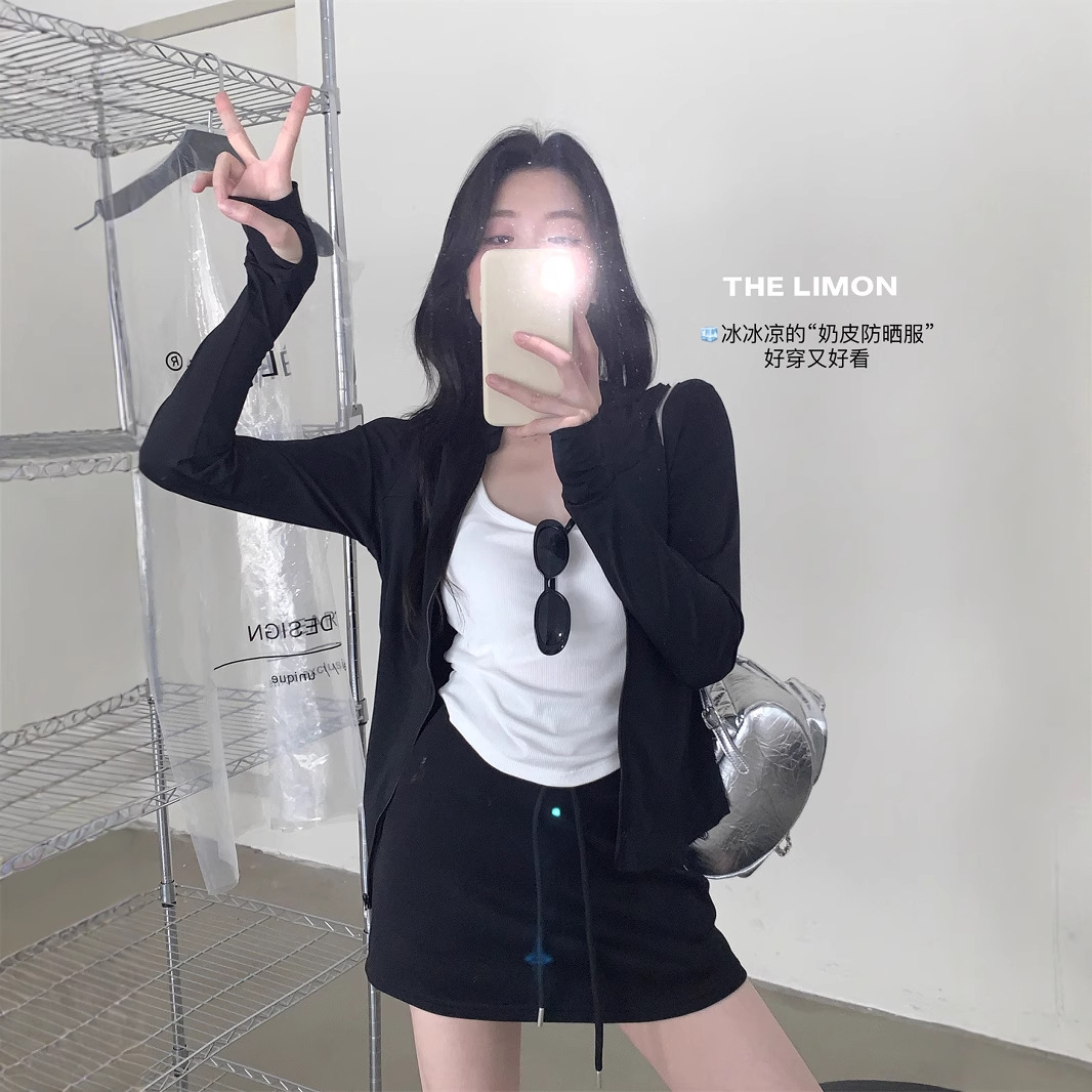 The limon té verde limón verano hielo seda con capucha cremallera camisa de protección solar mujer chaqueta corta delgada agradable para la piel mujer