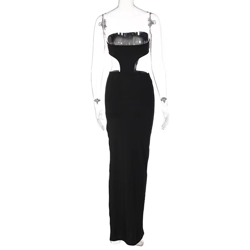 Fashion Sexy Strapless Hollow Out Cutout High Slit Bodycon Evening Dresses For Women_ecoleips.com