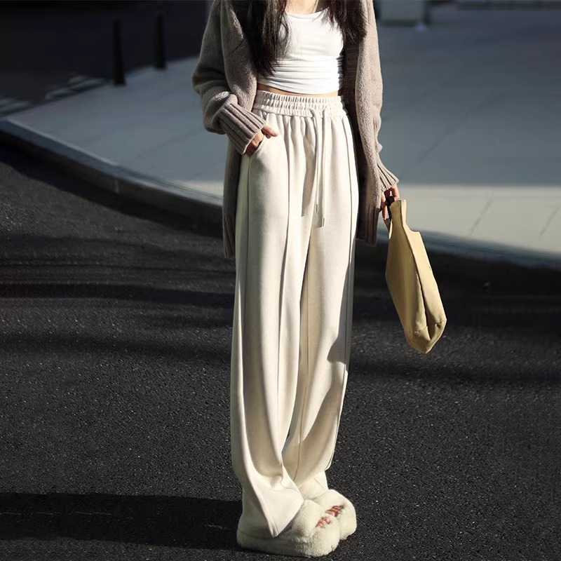 Pantalones de piernas anchas herringbone para mujeres 2024 nuevo otoño y invierno de lana estrecha alargada alta sensación de super hermosos pantalones casuales