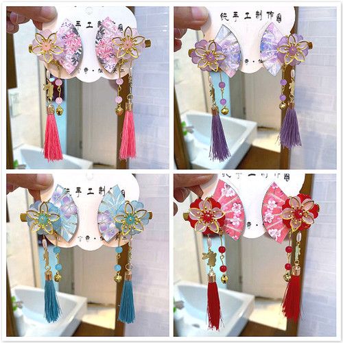 2pcs Japanese style Fan hairpin flowers beaded tassel bells children girls hanfu hair accessories antique side clip kimono dress yukata headdress