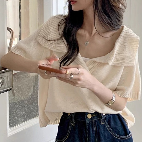Design di nicchia unico e unico, sottile maglia in seta ghiacciata, top estivo da donna a maniche corte con scollo a V e piccola fragranza,_voghion.com