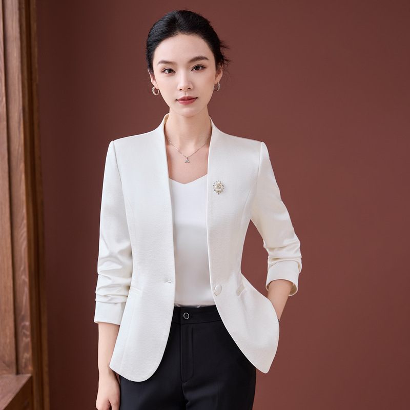 White Suit Jacket for Women 2025 Autumn New Collarless Satin High-End Slim Thin Mid-Sleeve Small Suit Top