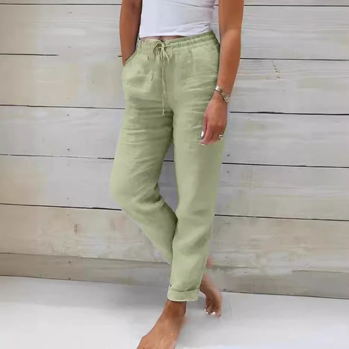 Independent station WISH adjustable waist solid color cotton linen wide-leg pants loose long pants high-waisted slimming