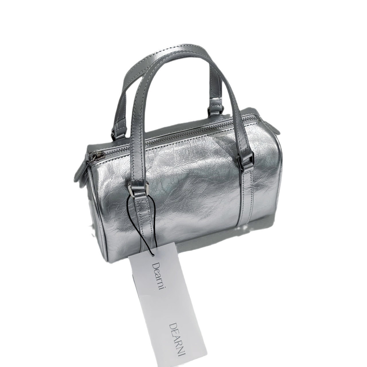 In Stock Dearni Korea Oiled Wax Cowhide Pillow Bag Silver Small Boston Bag Handbag Shoulder Bag Crossbody Bag For Women - Thumbnail 2