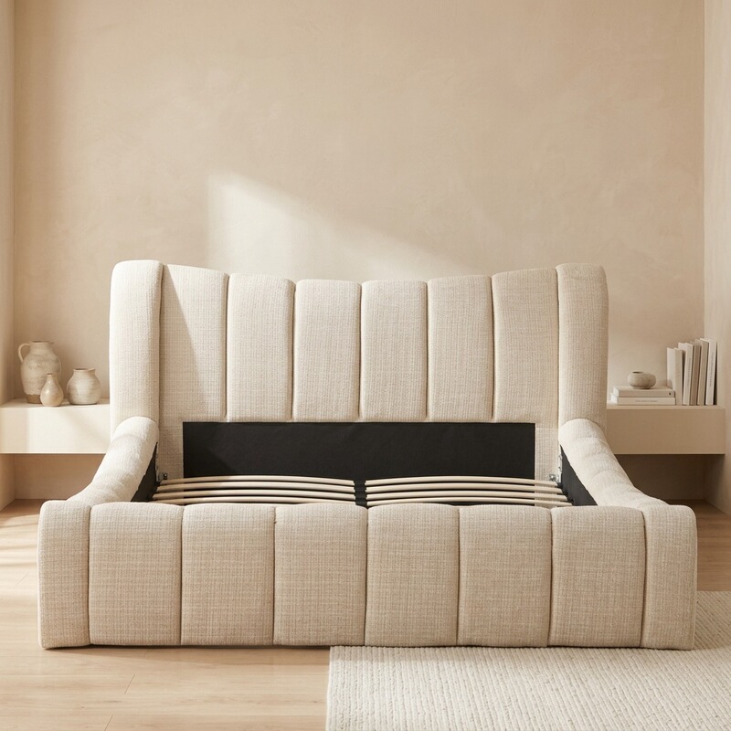 Factory Direct Sales, Cross-Border Trade, Beige Linen Wrap-Around High Box Bed, Oem Odm Bed Frame Factory Direct Sales, Cross-Border Trade, Beige Linen Wrap-Around High Box Bed, Oem Odm Bed Frame
