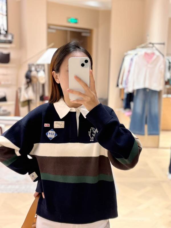 南油法式polo衫毛衣长袖女复古拼色刺绣橄榄秋翻领宽松休闲针织衫|undefined