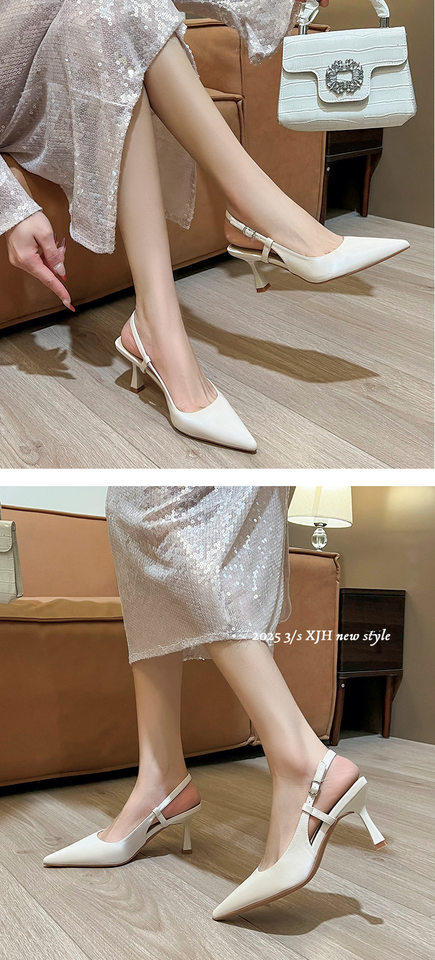 Giày sandal nữ bít mũi mũi nhọn gót mảnh quai ngang, gót 6–8 cm — Màu nâu, Màu trắng be, Màu vàng nhạt chi tiết 9