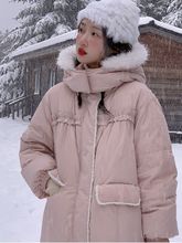 粉色棉服女冬新款中长款连帽宽松甜美可爱学生加厚棉衣外套大码
