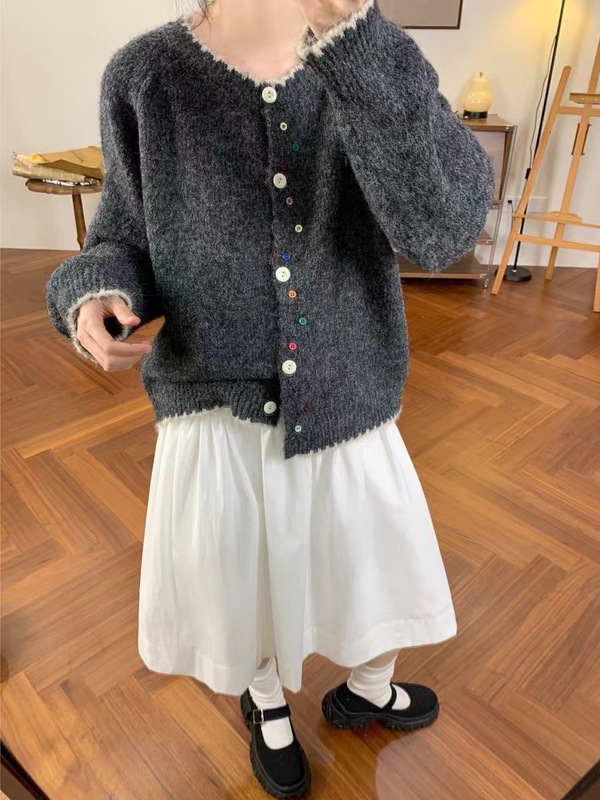 韩版彩扣撞色软糯百搭针织开衫女2025秋冬新款宽松显瘦圆领毛衣潮|undefined