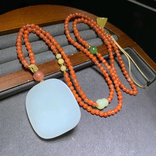 Jin Yutang Natural Hetian Jade Pendant with South Red Bead Chain Necklace Woolen Chain Authoritative Identification Xinjiang Straight Hair