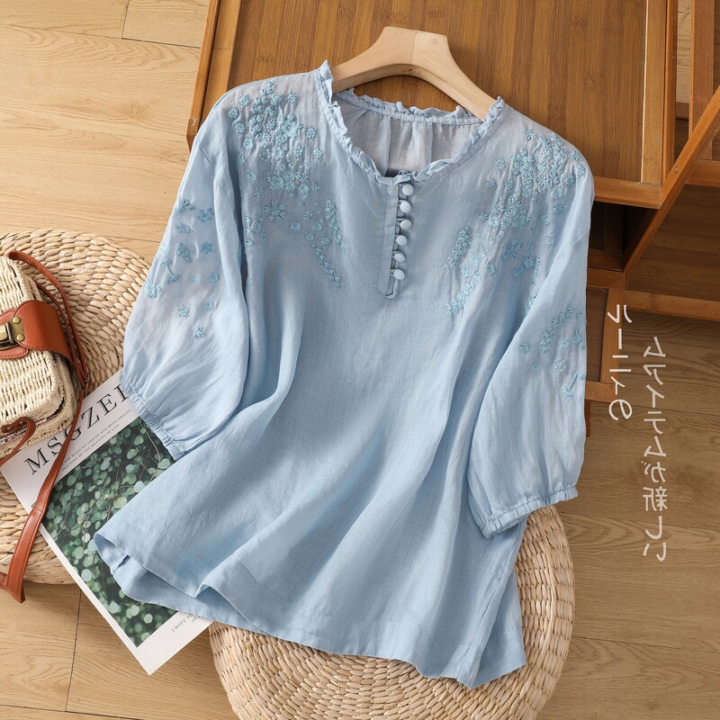 Clearance of Big Brand Surplus: Ramie Short-Sleeve T-Shirt for Women with Heavy Embroidery and Lace, Thin Cotton-Linen Blouse