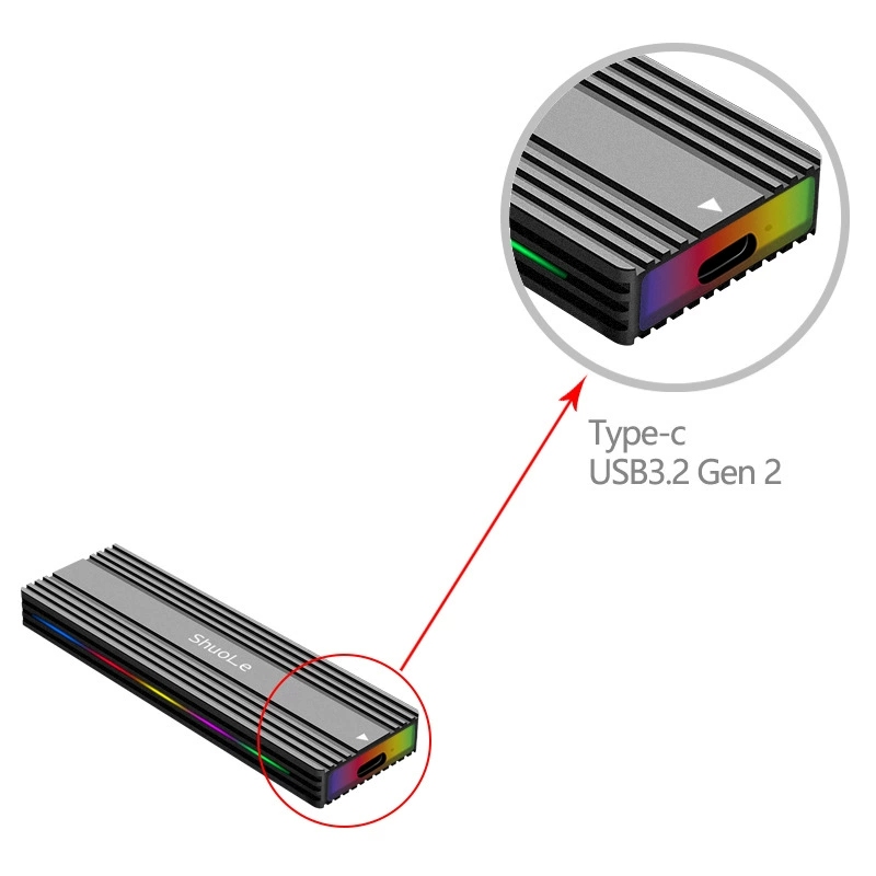 Коробка для SSD-дисков M.2 USB 3.1 НVMe Dual protocol Type-C с RGB, алюминиевый сплав, переносной внешний диск