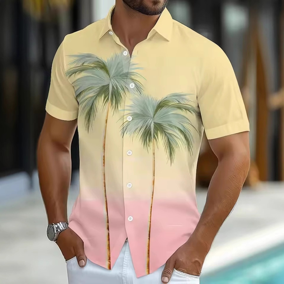 男士椰子树渐变色热带植物夏季衬衫纽扣衬衫夏威夷衬衫短袖衬衫