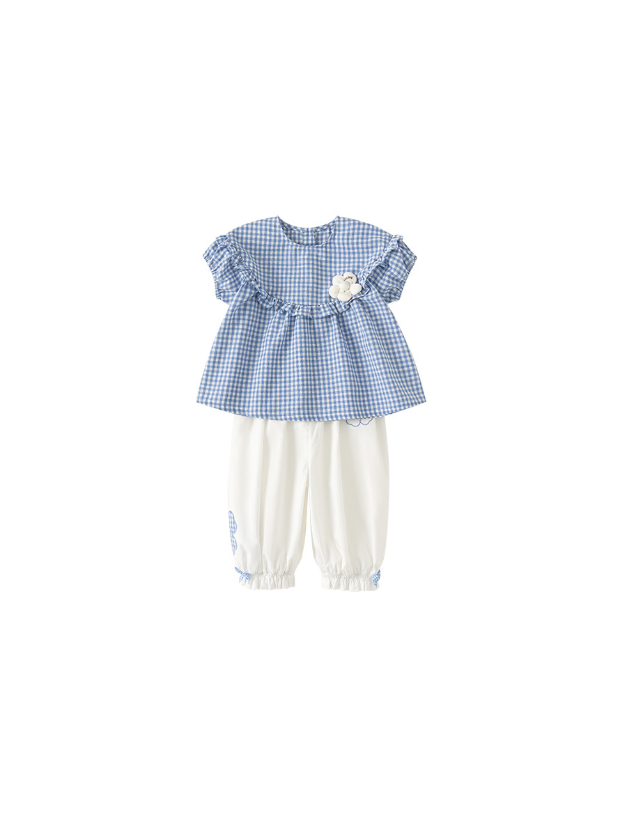 Yoobao ropa infantil niñas set de verano bebé camisa de muñeca de manga corta a cuadros pantalones casuales de dos piezas set de ropa de verano infantil