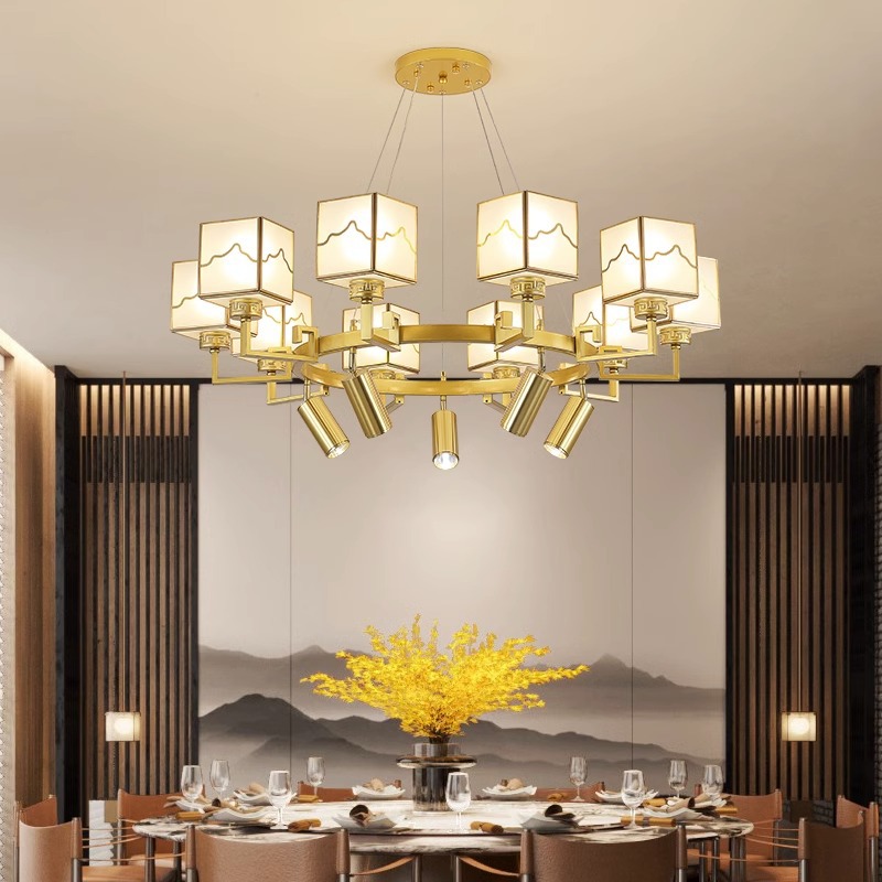 轻奢新中式餐厅吊灯中国风带射灯酒店包厢饭店包间湘菜馆会所灯具