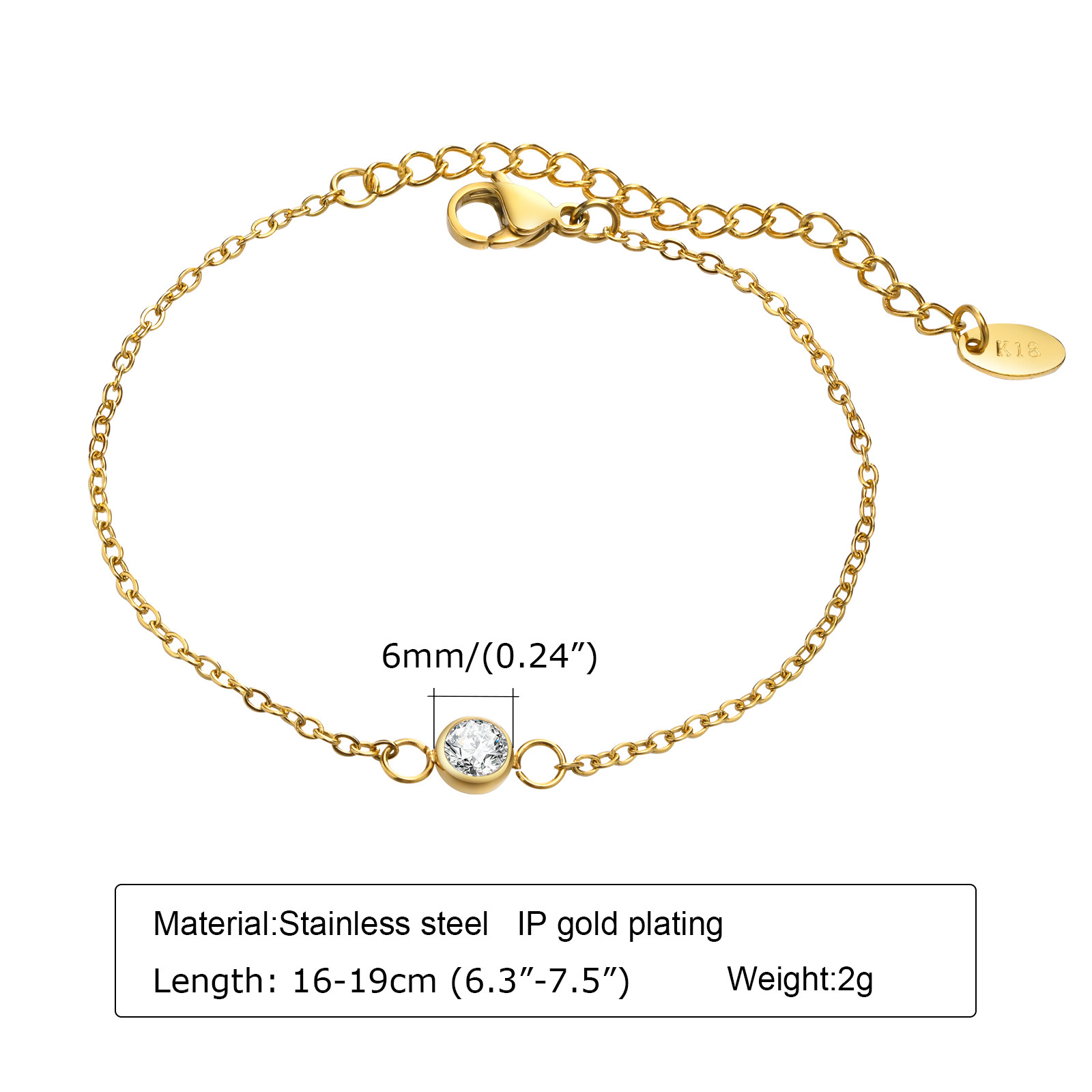 7g Weight PVD Coated Gold Plating Process Gold Plated Plating Material Rhinestones Inlay Material Simple Style Round 201 Stainless Steel Gold Plated Rhinestones Stainless Steel Bracelets In Bulk