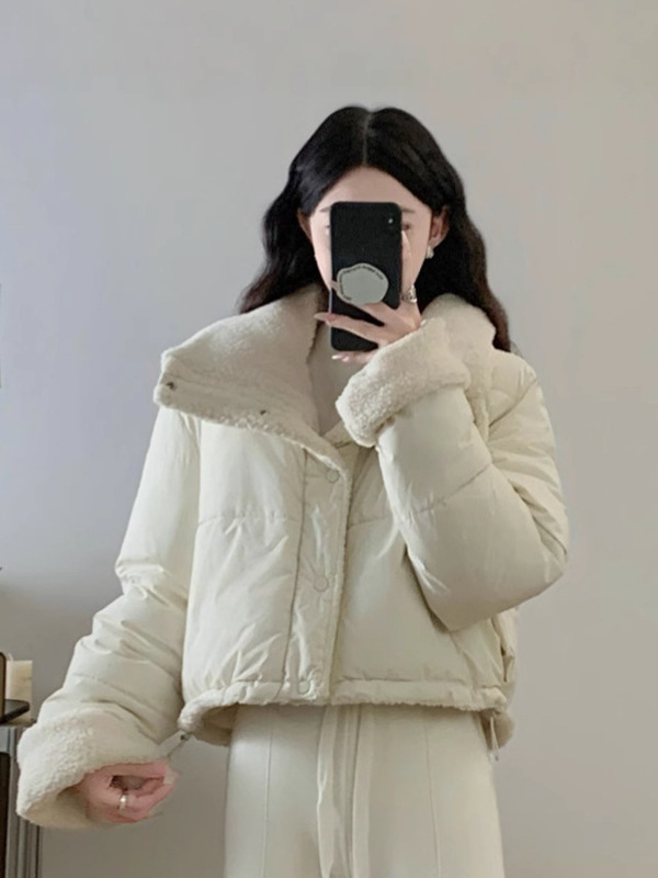 学院风翻领外套女韩版仿羊羔毛羽绒棉服宽松双面穿面包服外搭棉衣|undefined