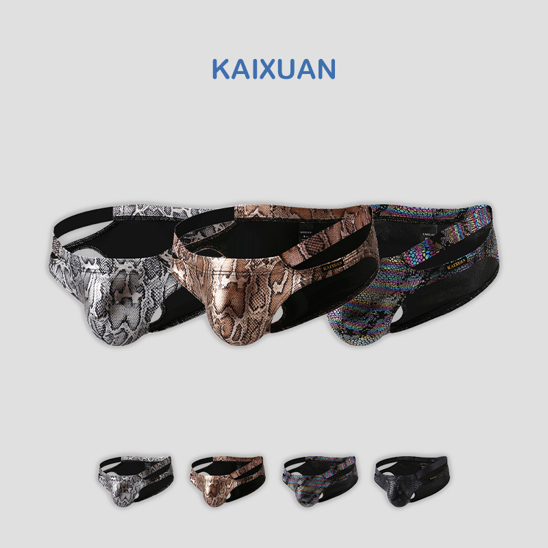 European and American Foreign Trade men's underwear low waist sexy hollow-out large bag U convex bikini shorts briefs imitation snakeskin