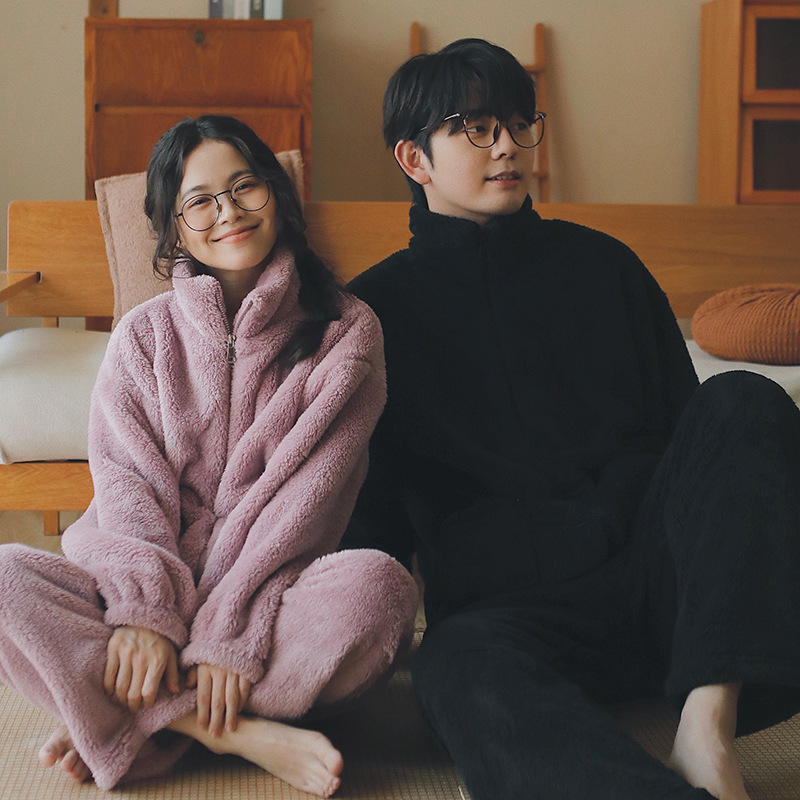 特价-珊瑚绒睡衣女加绒加厚可外穿秋冬法兰绒家居服男款情侣睡衣