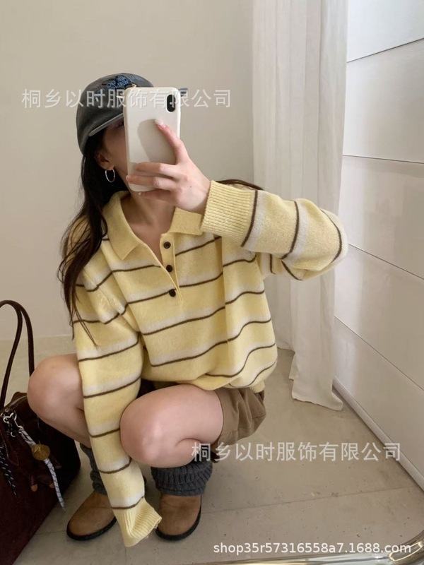 以时 25年秋冬新款羊毛针织毛衣女 Polo领条纹韩系简约羊毛衫女|undefined